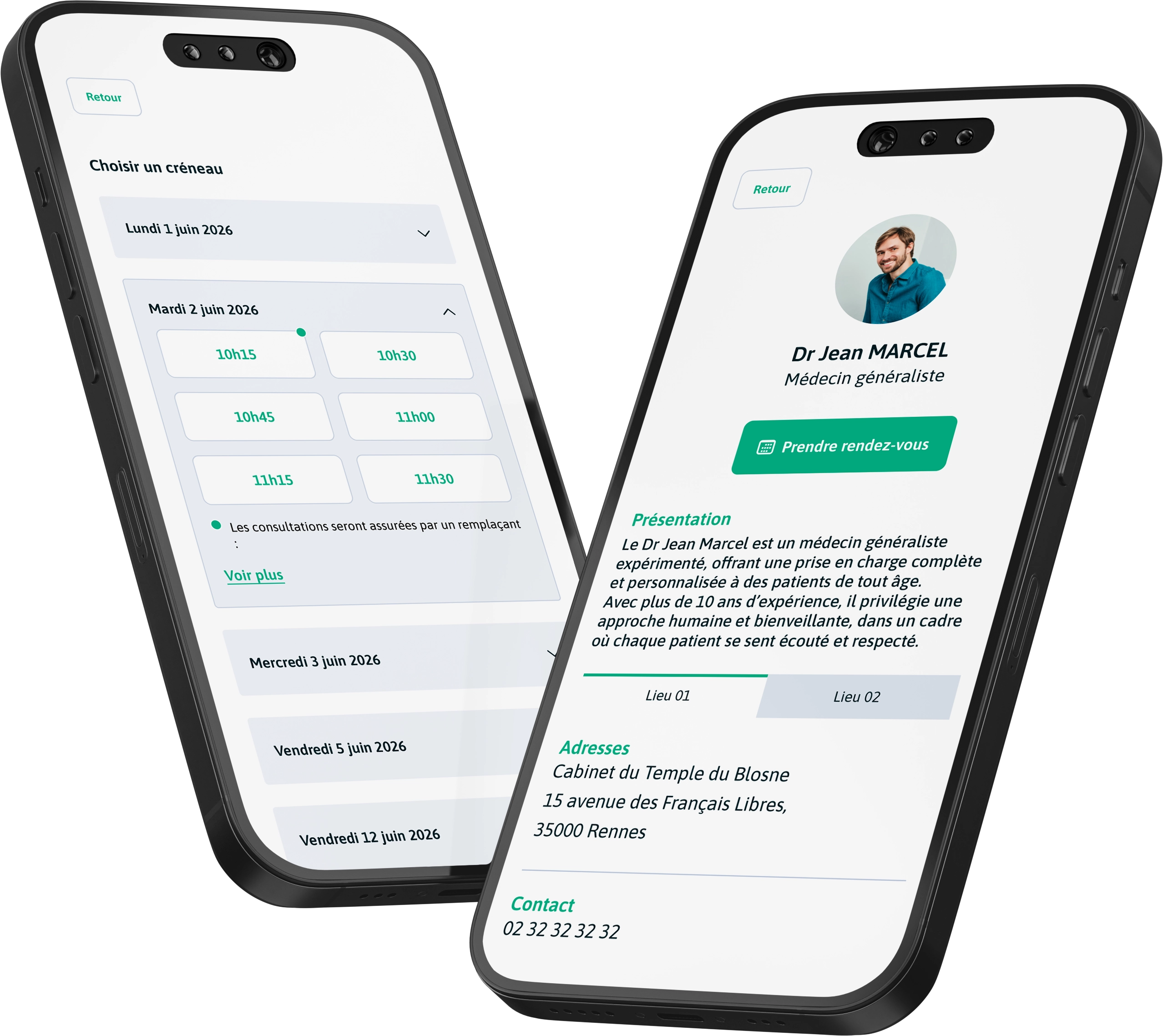 Vues application patient prise de rendez-vous et fiche d'information médecin